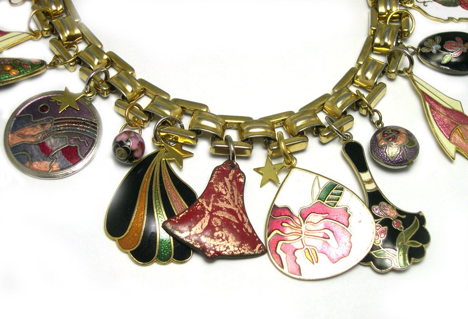 Charm Cloisonne Bracelet, upcycled charm bracelet, made with vintage jewelry, vintage charms, cloisonne jewellery, ooak, one of a kind