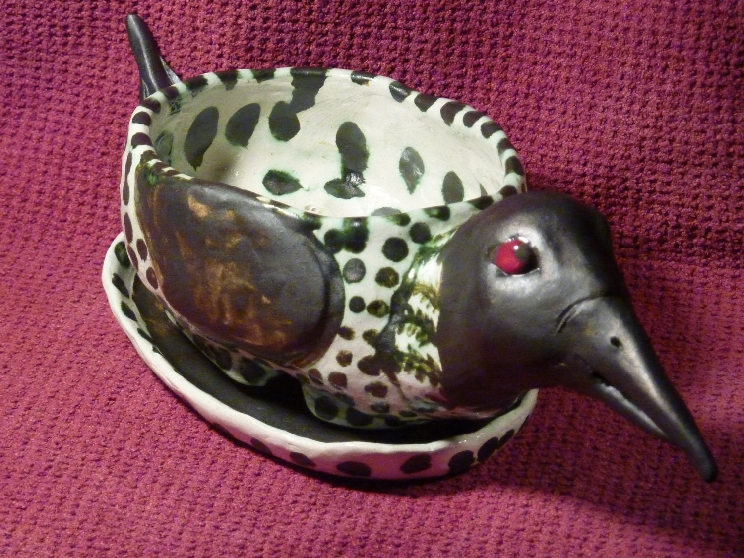 Loon planter hand made in USA from a lump of clay no molds are ever used, COOL  gun metal glaze attached saucer ooak