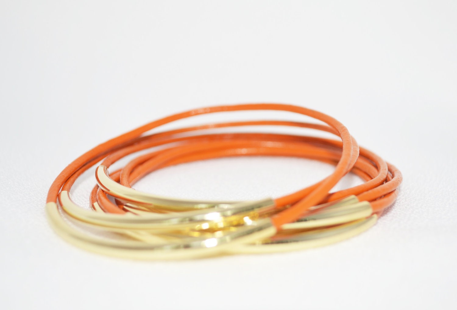 Tangerine Orange Bracelets- Leather Bangle Bracelets, Orange Bangles, Bohemian Bracelets, Fashion 2012 Trends, Fall Trends
