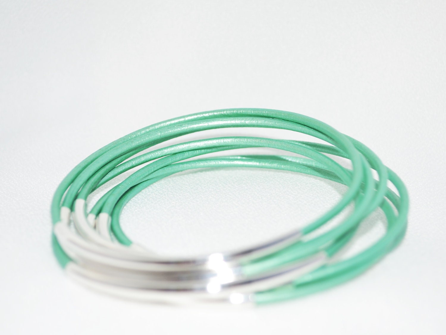 Bangle Bracelets- Oasis Turquoise Leather Bangle Bracelets with Gold or Silver Tube Beads