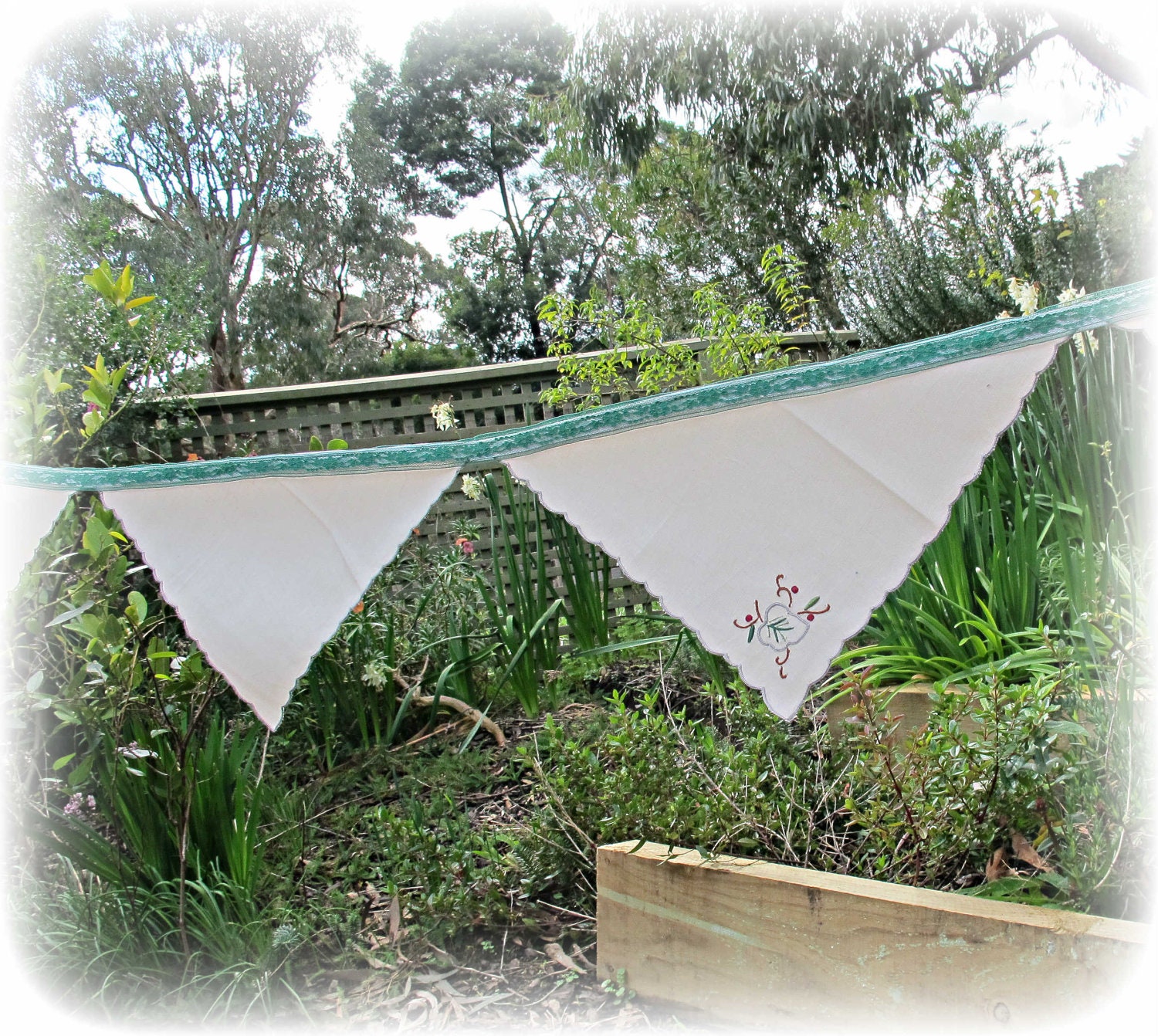 Penny Bunting Vintage Napkins Linen Upcycled Wall Hangings Emerald Green Lace Flower Leaf OOAK