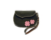 Brown leather clutch Small handbag pink felt flowers leather wristlet pouch