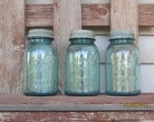 3 Antique Turquoise blue Ball mason jars with zinc lids - AngelCountryAccents