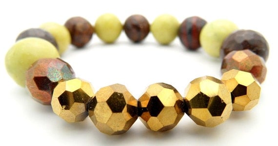 Gold Beaded bracelet - Yellow Chocolate Brown Semi Precious Stone Beads  and Czech Glass, Autumn Bracelet