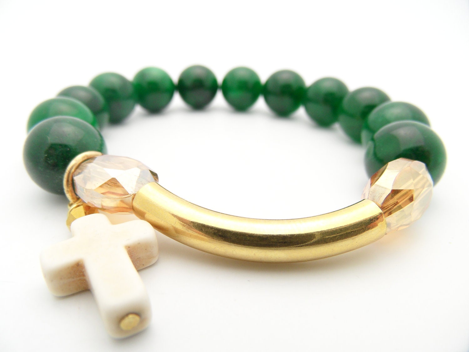Cross Beaded Bracelet, Stretch Turquoise Bracelet,  Chunky Green Jade Bracelet, Gold Bracelet