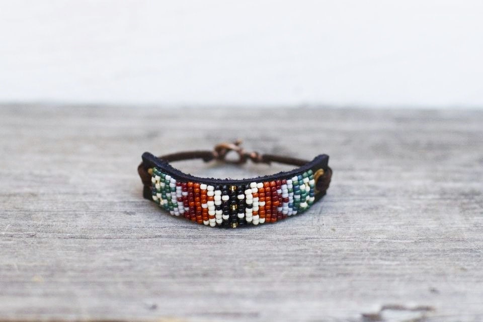 FREE SHIPPING, Native American inspired handmade beaded leather bracelet,tribal,southwestern,boho,hippie style,brown,black