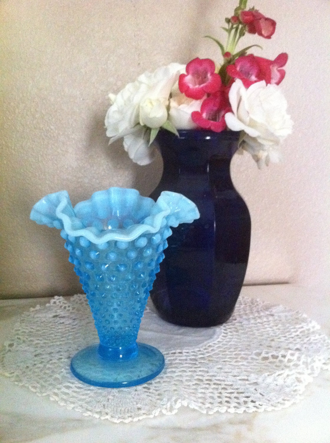 Sale Beautiful Fenton Blue Opalescent Ruffled Hobnail Vase - Cottage Chic - Mid Century