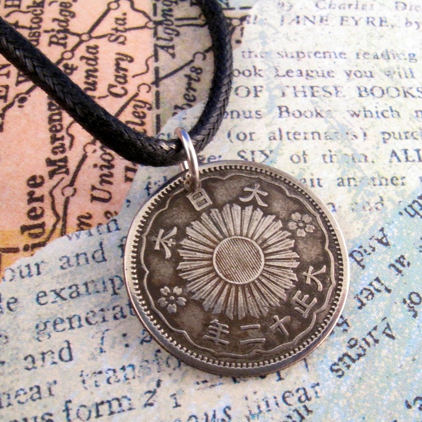 japananse silver COIN NECKLACE jewelry . antique japan . bird phoenix japanese. chrysanthemum. sen . asian. mens No.001126