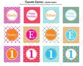 DIY Twins Orange blue pink Birthday Party PRINTABLE Cupcake Toppers favor tags baby shower Chevron polka dots Il_170x135