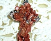 Tiny Copper Flicks, Gold stone / Monk stone, wire wrapped Cross, Glass Bead Charm