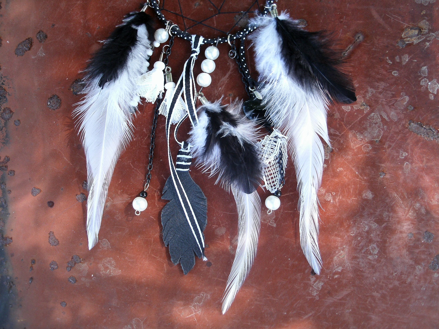 Classy Dream Catcher Pendant Necklace, handmade dream catcher necklace in black and white