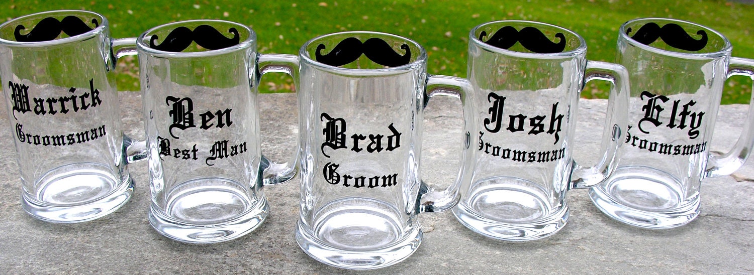Gift for Groomsmen beer mugs, 6 Chalkboard mustache mugs personalized with name and wedding date