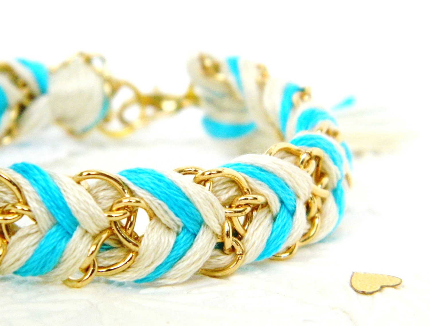 Neon Capri Blue & Neutral - Chevron Braided Modern Friendship Bracelet - Gold Chain