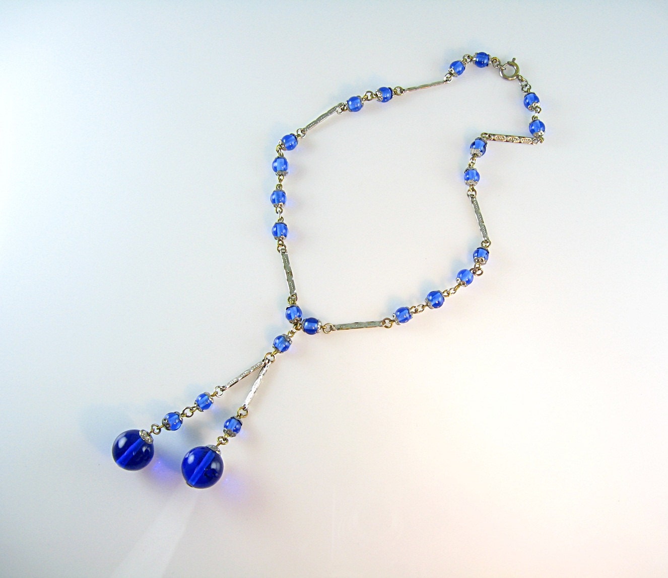 Art Deco Necklace Cobalt Blue Négligée Drop Luminous Deep Blue Orbs Vintage 1920s Jewelry
