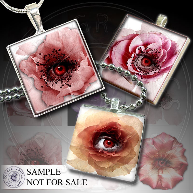 Flower Eyes - 1x1 inch squares - Digital Collage Sheet CG-524S for Scrapbooking, Resin and Glass Pendants, Crafts - Instant Download