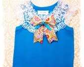 Girls Boutique Top Turquoise with White Lace Collar Choice of Bow Size 12 Month Ready to Ship Spring Summer Clothing Handmade Original Gift