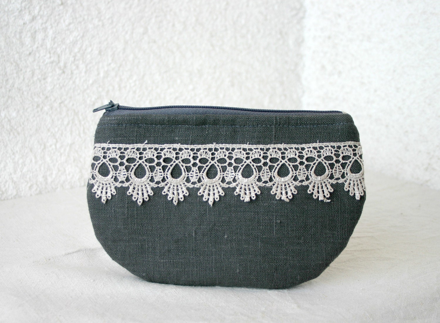 zipper pouch cosmetic bag small clutch gray linen and beautiful lace - HelloVioleta