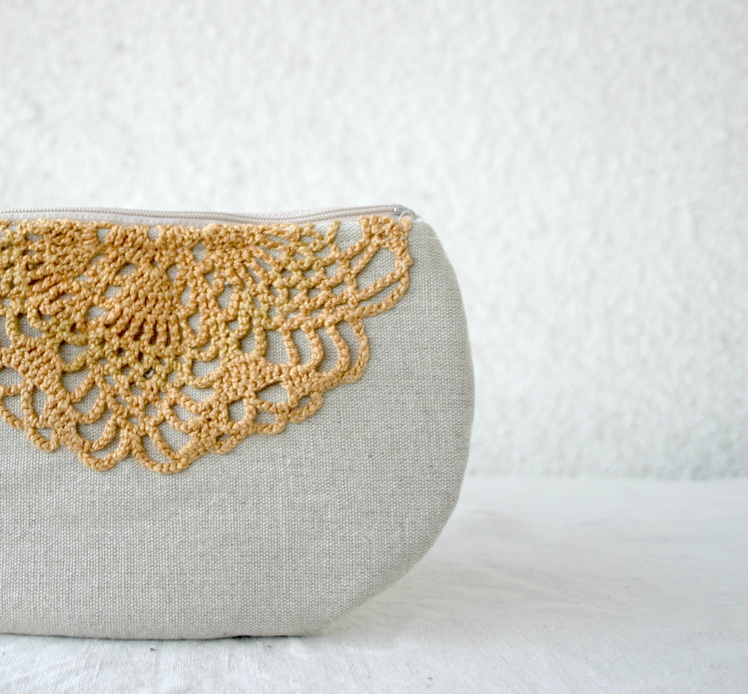 Linen and lace doily small clutch zipper pouch cosmetic bag ochre lace