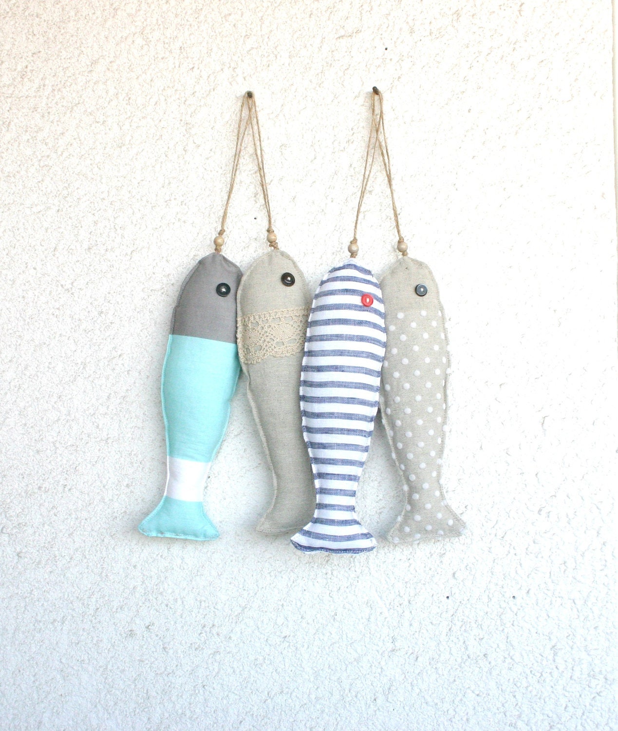 4 Fabric stuffed fish ornaments summer house décor nautical cute