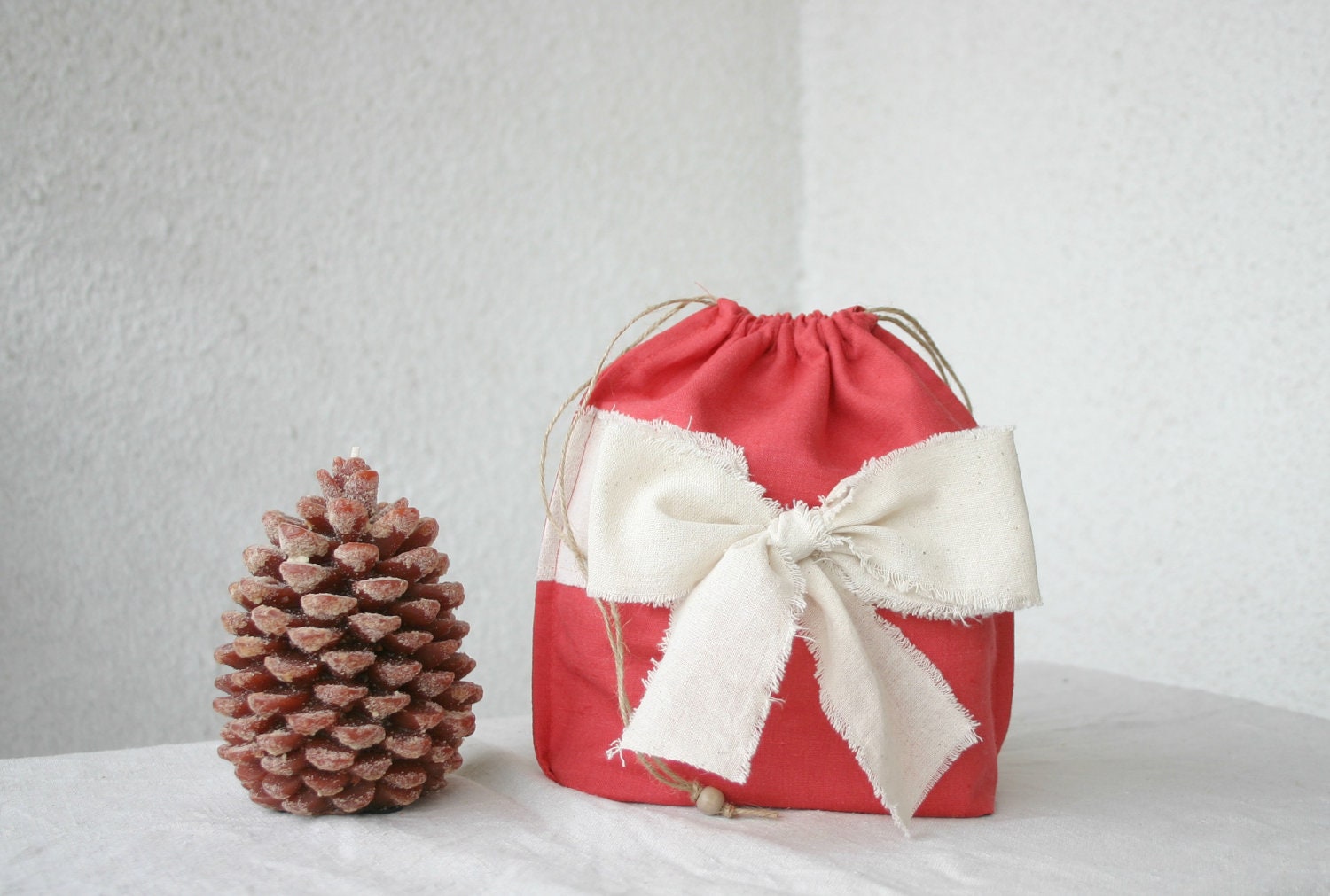 Raspberry red Linen and lace Drawstring bag gift bag reusable eco friendly shabby bow