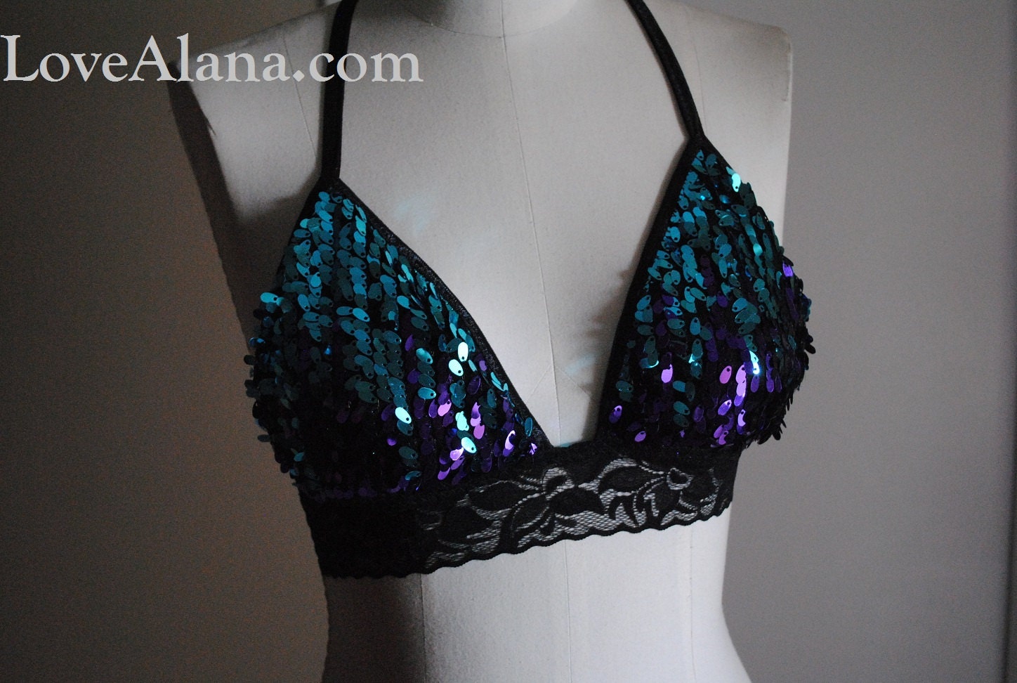 Teal and Purple Sequin and Lace Triangle Bikini Top - Hot Sparkly Sequined Swim or Dance Top - Cheap Shipping -