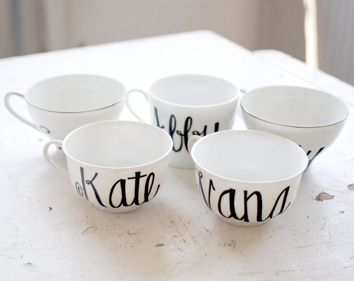 custom calligraphy first name recycled tea cups and mugs - bridesmaids, flower girls, birthdays - black and white