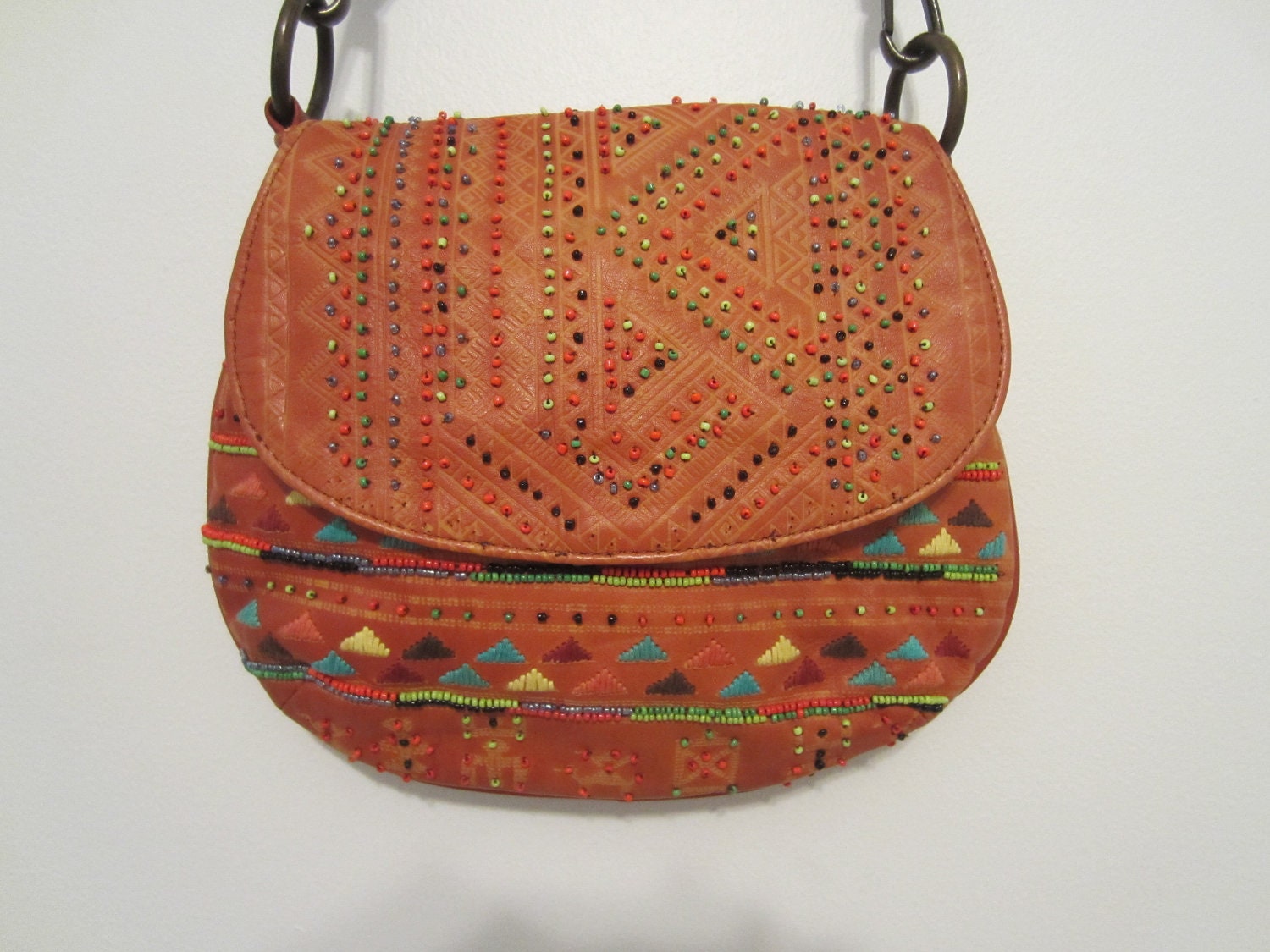 Puerto Rico Leather Gypsy Bohemian Festival Bag Beaded Purse Hipster Saddle Bag