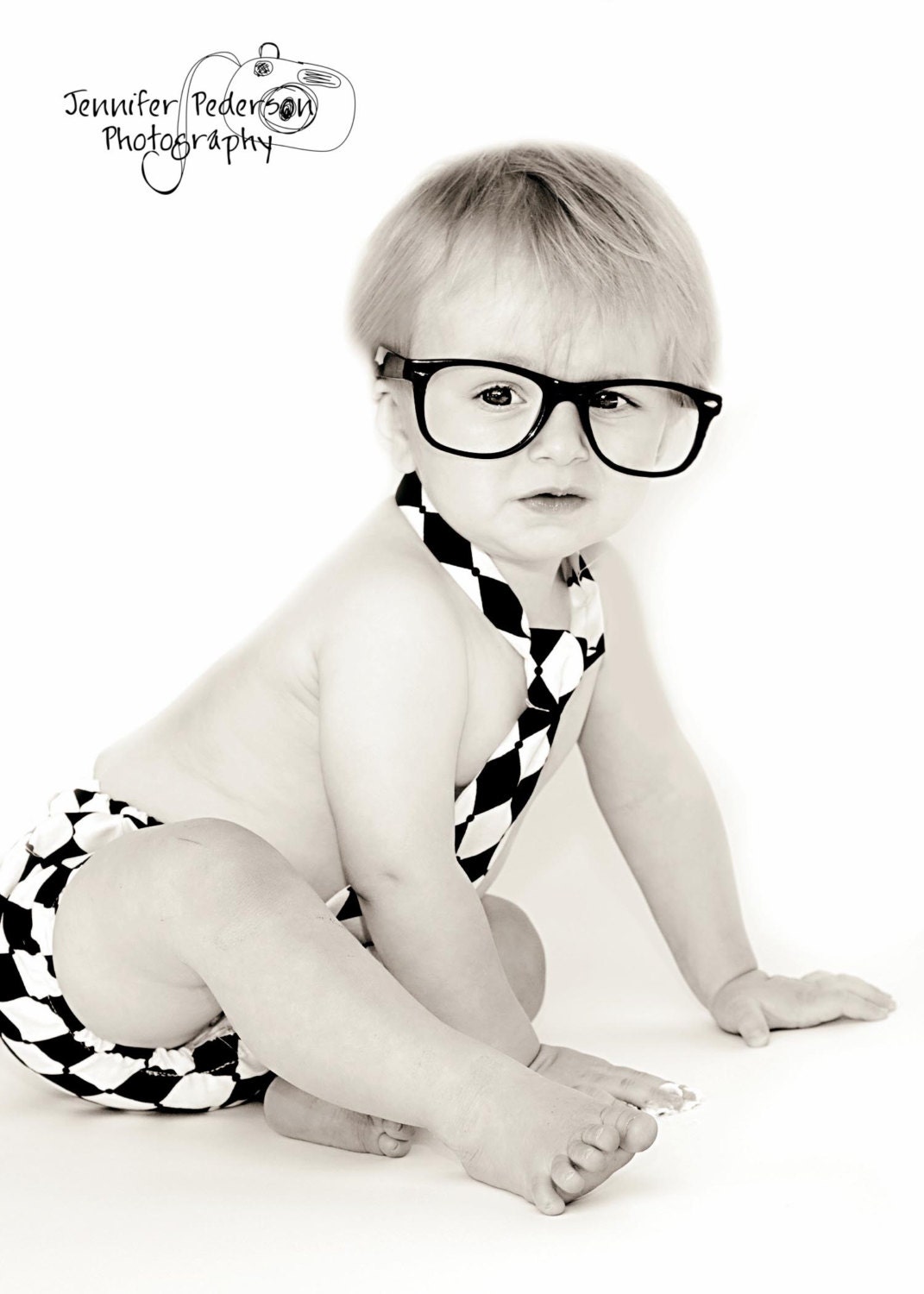 Baby Boy / Toddler  Necktie & Diaper Cover Black and White Harlequin