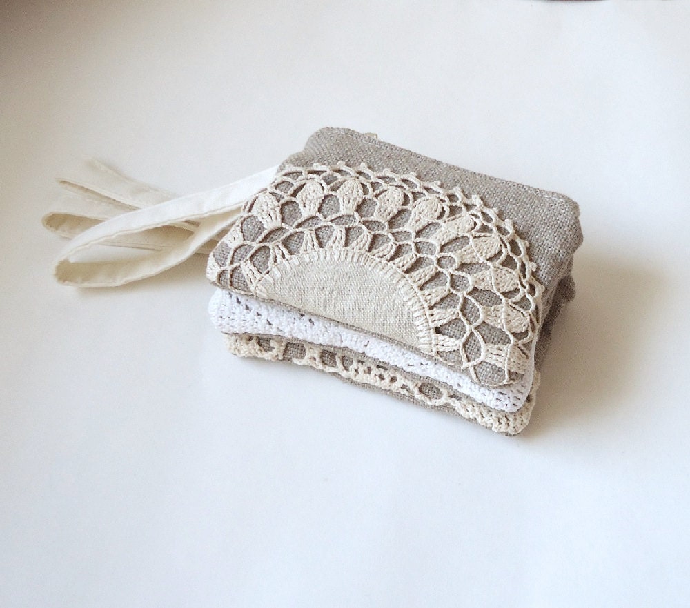 Set of 3 iPhone Zipper Wristlet Burlap Vintage Doily - Bridesmaid Gift - Rustic Wedding Clutch - Burlap Lace Wedding