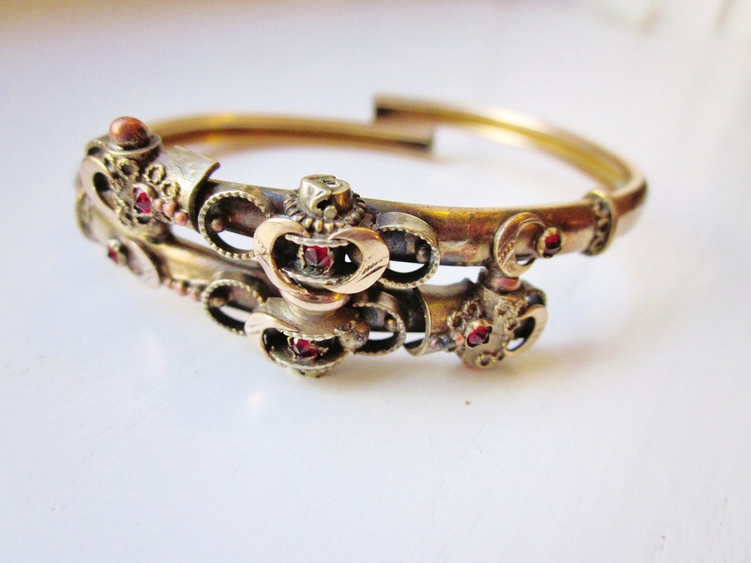Antique Victorian Garnet Bracelet Gold Bypass Edwardian Moon Bangle 1890s 1900s Jewlery