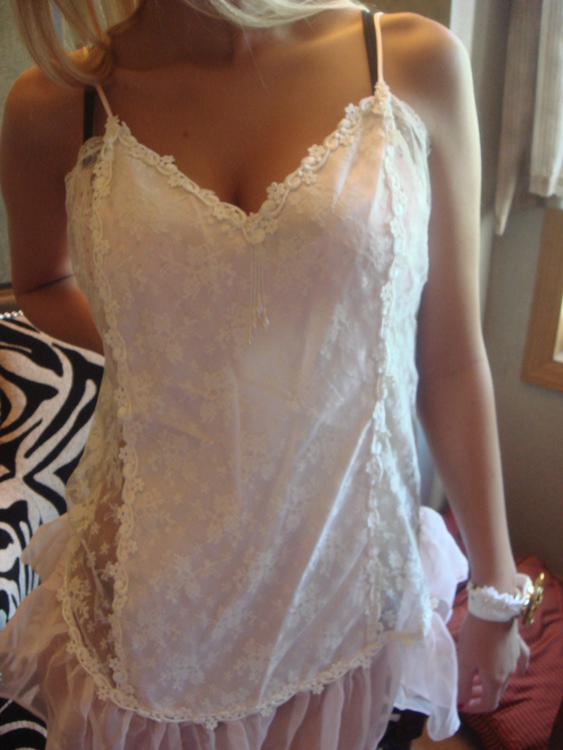 Baby Doll  camisole .Victorian vintage. Edwardian French Tulle .Baroque Night Gown. Glass pearls.Easter Morning. Bridget Bardot style