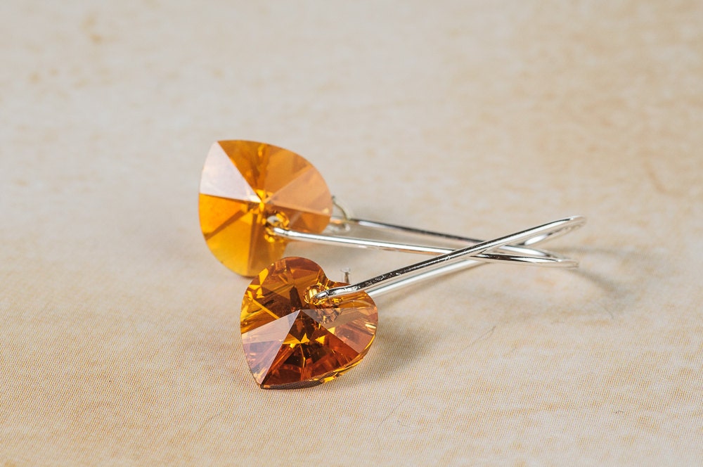 Orange Heart Earrings Swarovski Crystal Earrings Beadwork Earrings Romantic Jewelry