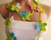 hand crocheted floral scarf lariat christmas gift blue green pink white