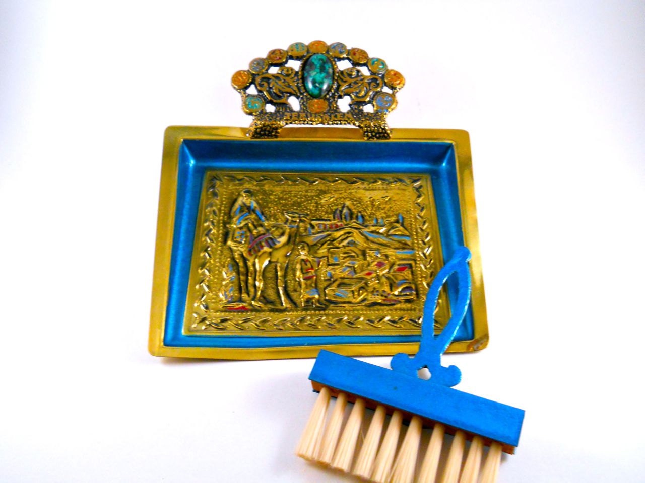 Made in Jerusalem for Souvenir Brush and Dust Pan with a Turquoise set in it