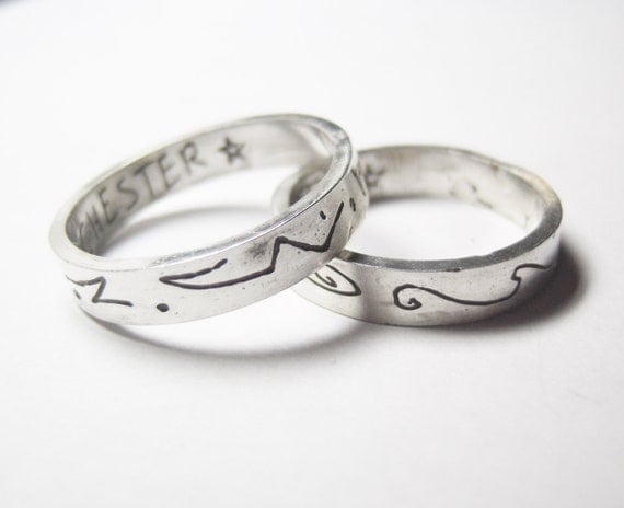 Supernatural inspired silver etched rings pair, Sam Winchester and Dean Winchester rings