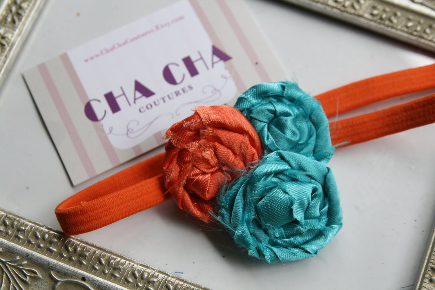 Gorgeous Posh  Couture Orange Coral Tuquoise Crush rosette flower  Headband Baby & girls photograpy prop Bow Rosette