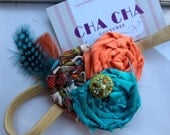 Gorgeous Posh Couture the "Cassie" orange boho Turquoise gem rosette flower  Headband Baby & girls photograpy prop Bow Rosette