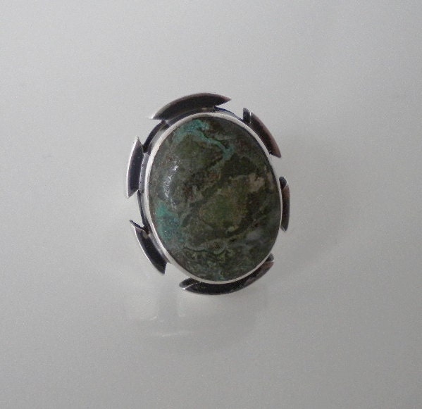 Mid Century Mexican Ring Sterling Turquoise Signed J Gomes Size 4.25