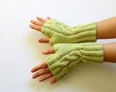 Knitting Fingerless Gloves Mittens Arm Warmers Harvest Green. Autumn trend. Light  Green