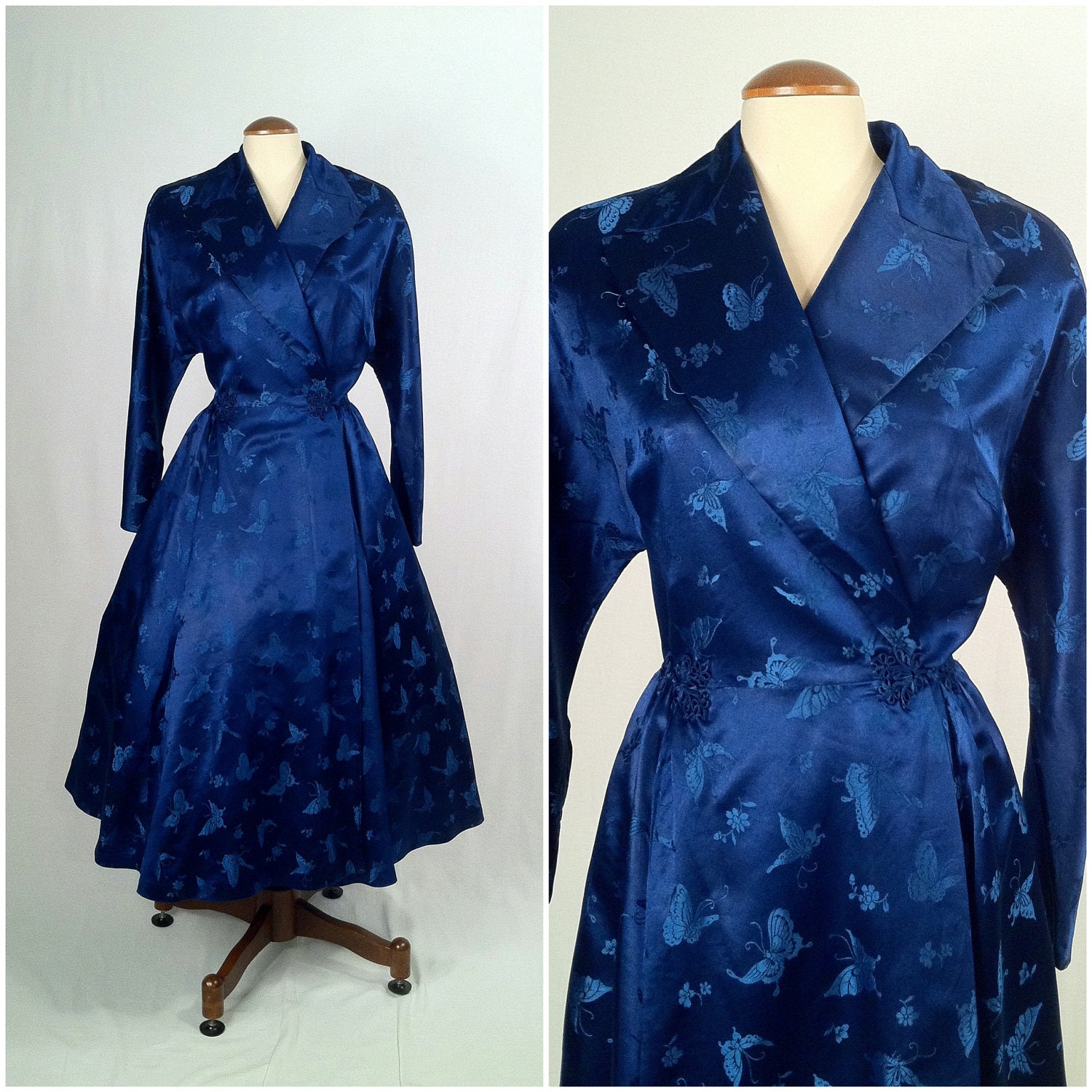 Vintage Royal Blue Satin Brocade Wrap Coat Dress by SLVintage