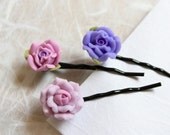 Rose Flower Hair Bobby Pins Beautiful Bridal Girl Bridesmaid Pink Purple Violet Color Set of 3