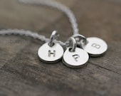 Silver Monogram Necklace / Three Hand Stamped Initials Tag Coin Discs Charm Necklace / Personalized Mothers Jewelry