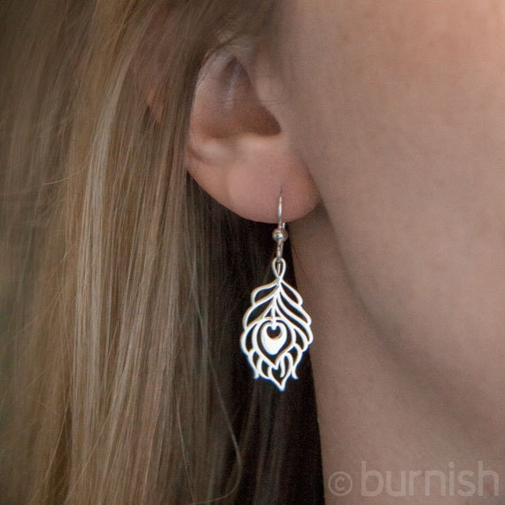 Silver Peacock Feather Earrings / Sterling Silver Metal Cutout Dangle Earrings / Simple Statement Jewelry by burnish