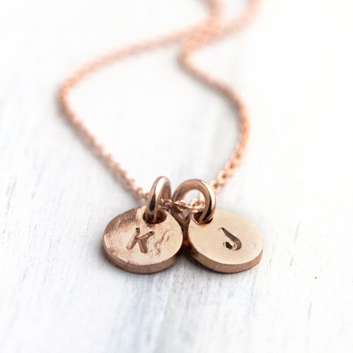Rose Gold Monogram Necklace / Two Initials Hand Stamped Coin Discs / Rose Gold Personalized Necklace