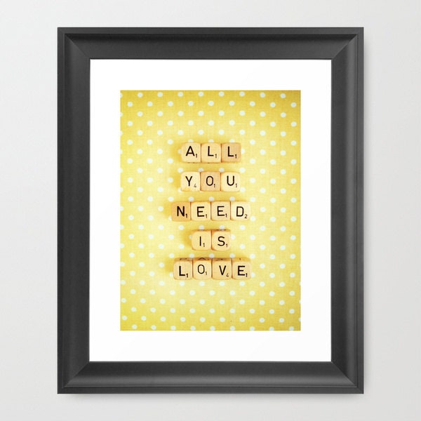 All You Need is Love. Fine Art Photography. Scrabble. Yellow White. Polka Dots. Home Décor. Wall Art. Size A4