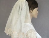 White Blusher Veil: Unconventional Shoulder Length Veil with Circular Blush Pink Appliques at the Edges. Handmade and Unique Design