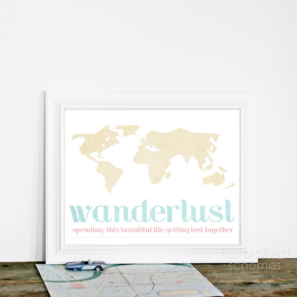 Digital Art Print Wanderlust - Travel Holiday Vacation Love Wedding Anniversary Art Print Poster Pale Pastel Pink Blue Beige