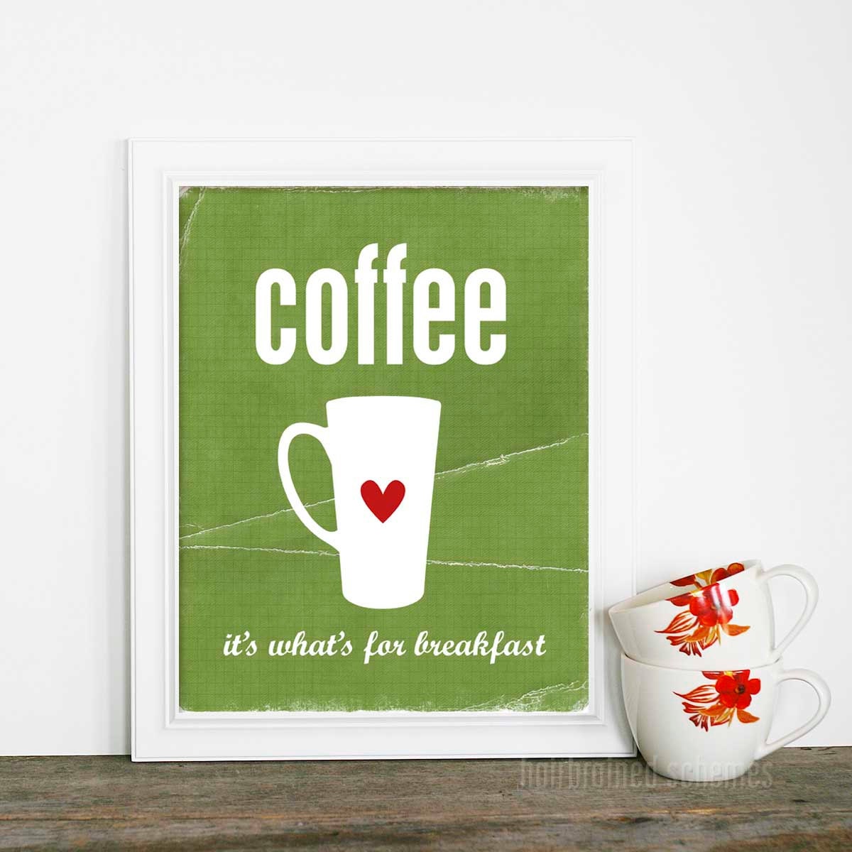 Digital Art Typography Poster Print Coffee for Breakfast Distressed Leaf Green Coffee Cup Print Red Heart