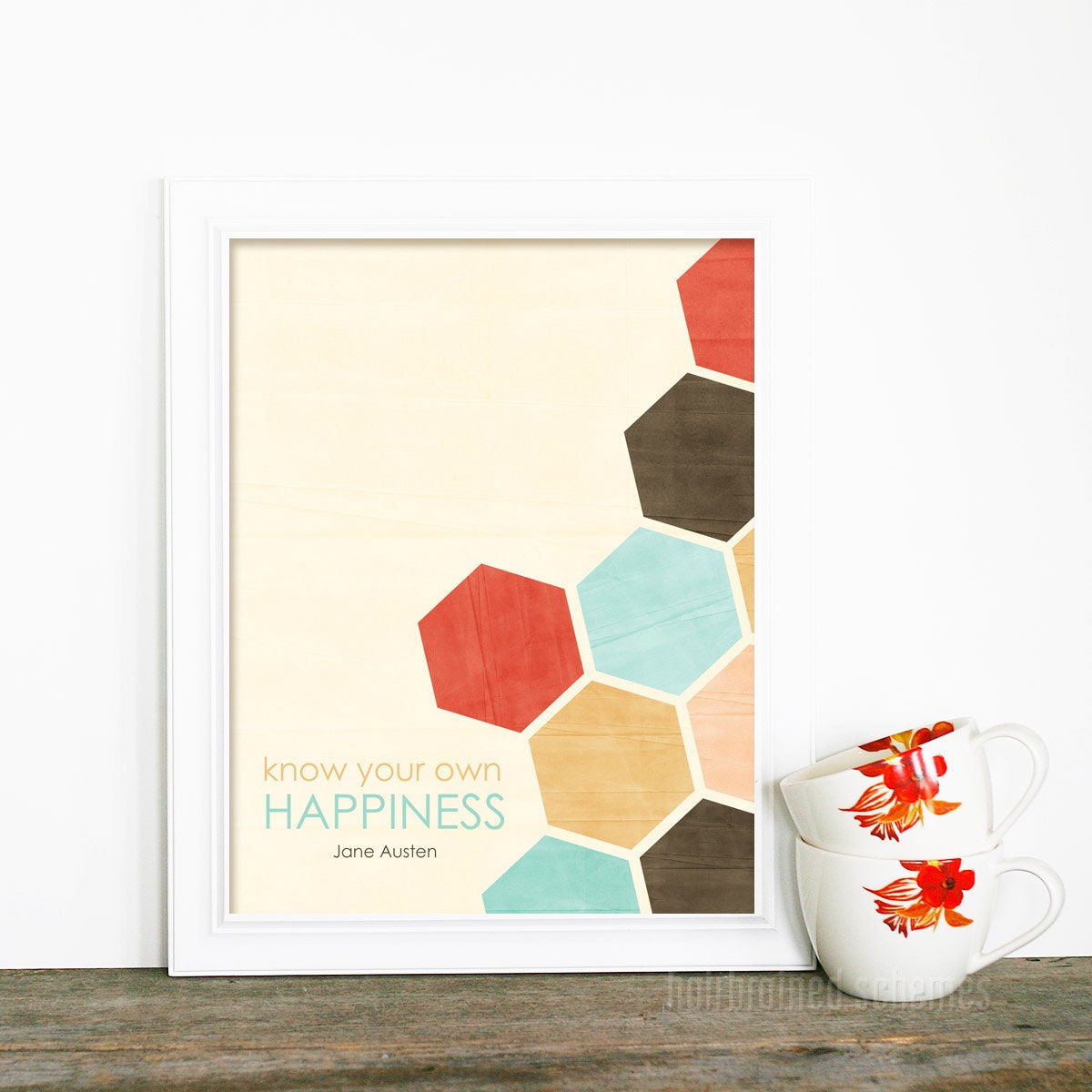 Jane Austen Digital Art Print Poster - Know Your Own Happiness - Geometric Honeycomb Southwest Inspired Aqua Red Brown