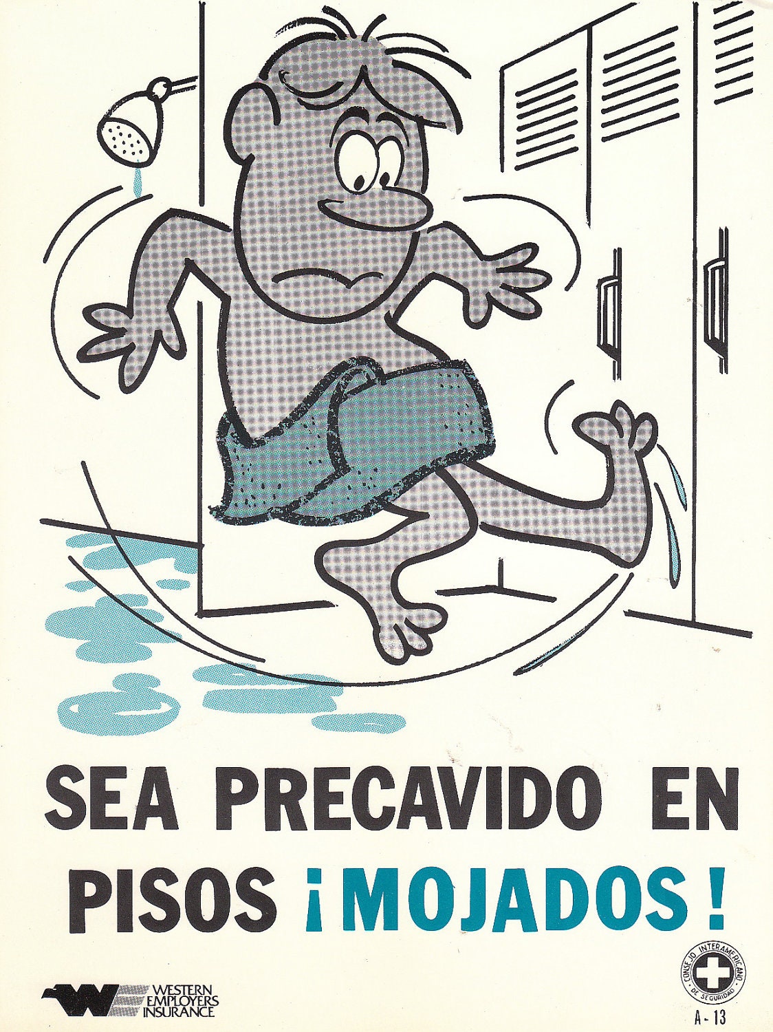 Vintage Safety Poster Spanish Language Workplace Man Slipping